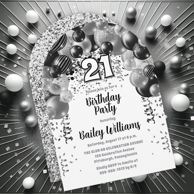 Convite Partido aniversário de 21 anos dos Balões de Prata (Black | Silver Balloons "21" 21st Birthday Party Invitations - Print and/or Download Available)