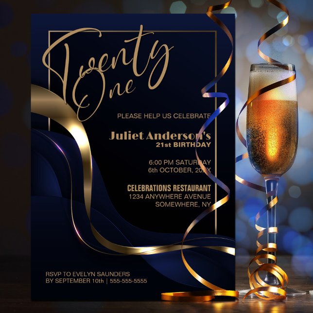 Convite Partido aniversário de 21 anos Dourado Azul Modern (Criador carregado)
