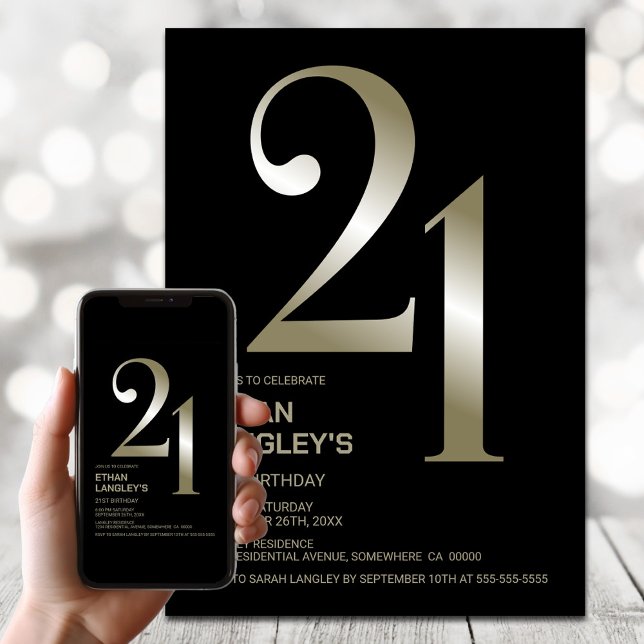 Convite Partido aniversário de 21 anos Dourado Negro Moder (Criador carregado)