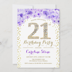 Convite Partido aniversário de 21 anos - Dourado Roxo Bran