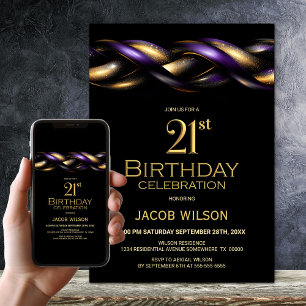 Convite Partido aniversário de 21 anos Dourado Roxo Negro