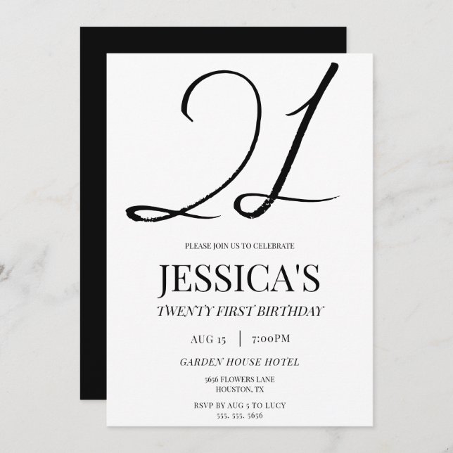 Convite Partido aniversário de 21 anos Unisex Elegante Sim (Frente/Verso)