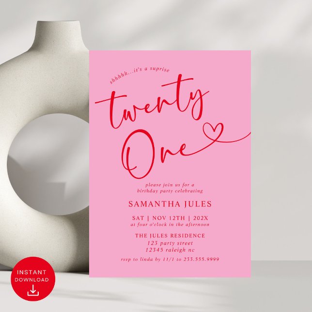 Convite Partido aniversário de 21 anos Vermelho Rosa Moder (Criador carregado)