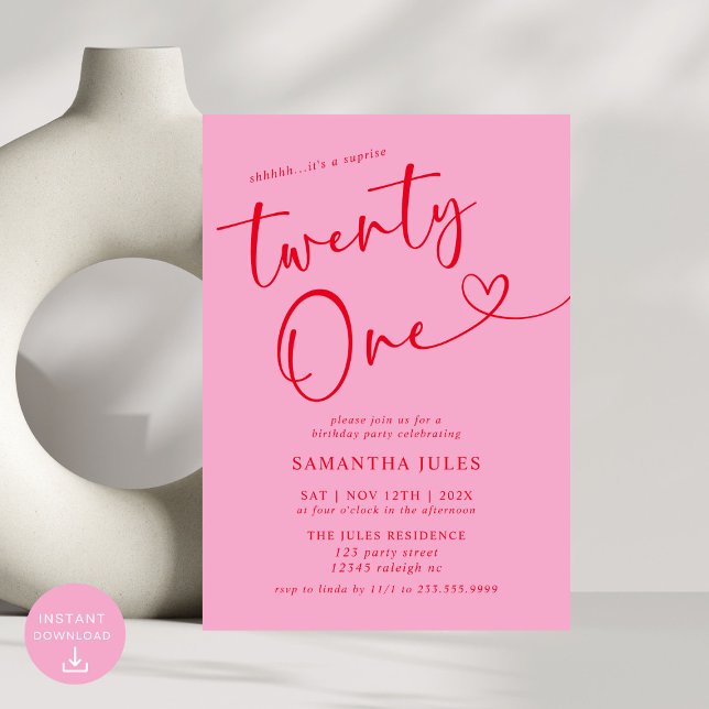 Convite Partido aniversário de 21 anos Vermelho Rosa Moder (Criador carregado)