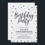 Convite Partido aniversário de 30 anos de Adultos de Mármo<br><div class="desc">Celebre seu dia especial com este modelo na moda moderno de convites de aniversário. Este design apresenta um confete preto chic com fundo de mármore.</div>
