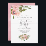 Convite Partido aniversário de 30 anos de cor-de-rosa e Ro<br><div class="desc">Rosa de água cor-de-rosa e rosa com cor-de-água floral trinta convite de aniversário com acentos de verde-sábio.</div>