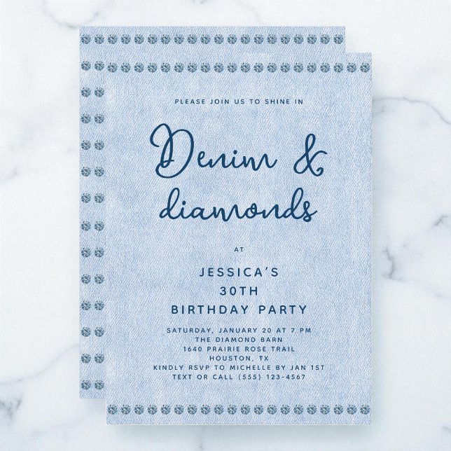 Convite Partido aniversário de 30 anos de Denim Ocidental  (Western Denim and Diamonds 30th Birthday Party Invitation)