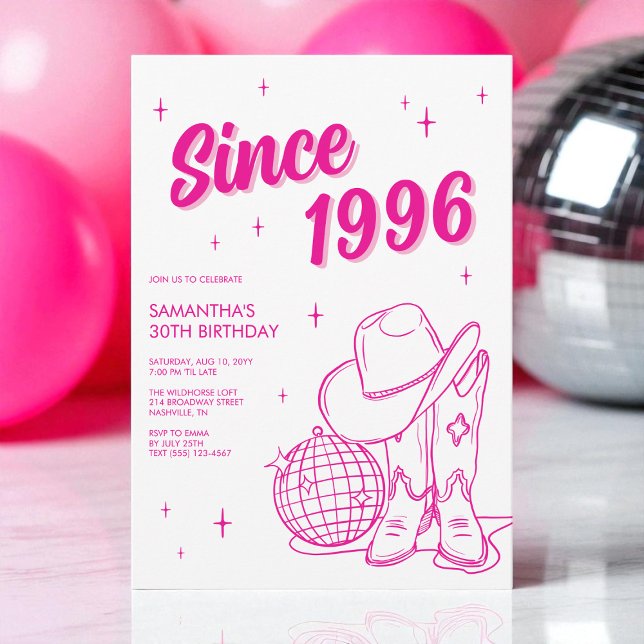 Convite Partido aniversário de 30 anos de Disco Rosa do Pa (Western Country Pink Disco 30th Birthday Party Invitation)