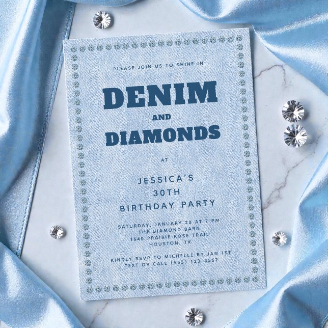 Convite Partido aniversário de 30 anos de Jeans Azul Denim (Denim and Diamonds Blue Jeans 30th Birthday Party Invitation)