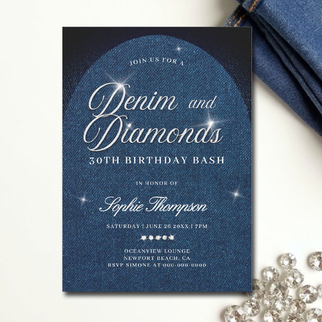 Convite Partido aniversário de 30 anos de Script de Arch d (denim and diamonds invitation template 30th 50th sweet 16 elegant classy arch script)
