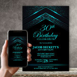 Convite Partido aniversário de 30 anos do Teal Negro Moder<br><div class="desc">Elevem a celebração do marco do seu convidado de honra com este convite de festas preto e aniversário de 30 anos chic. Estipulosamente moderno e elegante, dá o tom perfeito para uma noite inesquecível. Personalizar os convites é uma brisa, basta preencher os detalhes essenciais usando os modelos de texto fornecidos....</div>