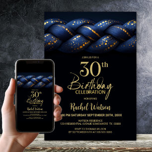 Convite Partido aniversário de 30 anos Dourado Azul