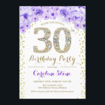 Convite Partido aniversário de 30 anos - Dourado Roxo Bran<br><div class="desc">design Elegante do Convite de festas aniversário de 30 anos em ouro brilhante falso,  roxo e branco. Na moda floral com diamantes e rosas. Perfeito para uma comemoração de vidro. Envie-me uma mensagem se precisar de mais personalização.</div>