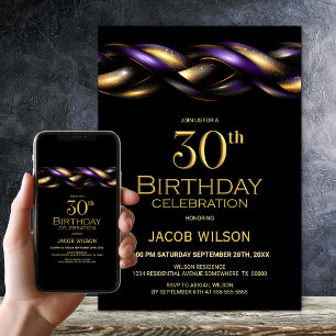 Convite Partido aniversário de 30 anos Dourado Roxo Negro
