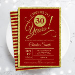 Convite Partido aniversário de 30 anos - Dourado Vermelho<br><div class="desc">aniversário de 30 anos convite de festas para homens ou mulheres. Cartão de convite elegante em vermelho com folha de ouro falso brilhante. Apresenta a fonte do script de tipografia. Até 30 anos! Pode ser personalizado em qualquer ano. Perfeito para uma celebração de um dia adulto.</div>