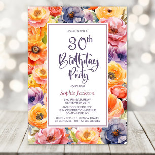 Convite Partido aniversário de 30 anos Floral Rosa Laranja