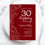 Convite Partido aniversário de 30 anos Floral Vermelho<br><div class="desc">Convite de festas Floral Branco Vermelho. Design minimalista moderno com destaque de desenho de contorno botânico e letra de script de tipografia. Simples trendy convida cartão perfeito para uma festa de na moda. Pode ser personalizado para qualquer idade. Impressos convites Zazzle ou modelo de impressão digital instantânea para download.</div>