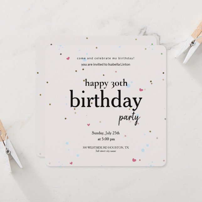 Convite Partido aniversário de 30 anos Minimalista Moderno (Frente/Verso In Situ)