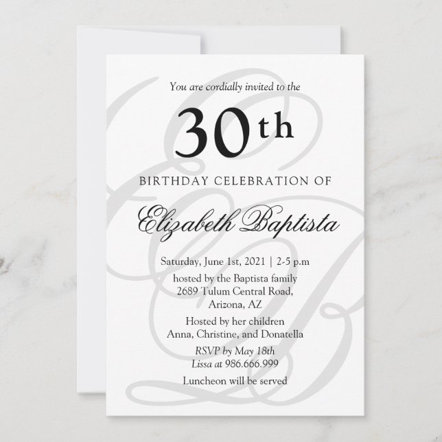 Convite Partido aniversário de 30 anos Monograma Minimalis (Frente)