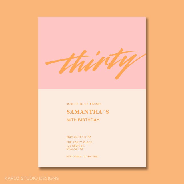 Convite Partido aniversário de 30 anos Rosa de Script Mode (30th Birthday Party Invitation in blush pink and cream with modern script typography)