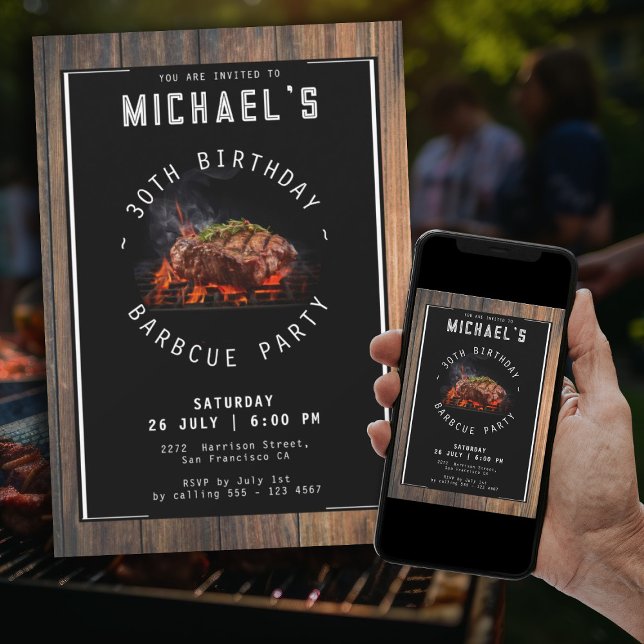 Convite Partido aniversário de 30 anos Russo de Barbecue (Rustic 30th Birthday Barbecue Party Modern Invitation)