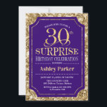 Convite Partido aniversário de 30 anos Surpresa - Dourado<br><div class="desc">Convite de celebração de aniversário de 30 anos surpresa. Design elegante em roxo real e padrão de ouro brilhante. Apresenta uma fonte elegante de script. Envie-me uma mensagem se precisar de mais personalização.</div>