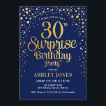 Convite Partido aniversário de 30 anos Surpresa - Marinho<br><div class="desc">Convite de festas de aniversário de 30 anos surpresa. Design elegante em azul marinho e ouro brilhante falso. Possui fonte de script na moda e confetti. Envie-me uma mensagem se precisar de idade personalizada.</div>