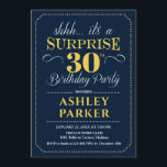 Convite Partido aniversário de 30 anos Surpresa - Marinho<br><div class="desc">Convite de festas de aniversário de 30 anos surpresa. Design simples em marinho azul e amarelo. Apresenta uma fonte elegante de script. Celebração surpresa para homem ou mulher. Pode ser personalizado em qualquer idade!</div>