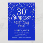 Convite Partido aniversário de 30 anos Surpresa - Prata e<br><div class="desc">Convite de festas de aniversário de 30 anos surpresa. Design elegante em azul real e prata brilhante falso. Possui fonte de script na moda e confetti. Envie-me uma mensagem se precisar de idade personalizada.</div>