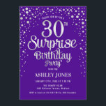 Convite Partido aniversário de 30 anos Surpresa - Prata e<br><div class="desc">Convite de festas de aniversário de 30 anos surpresa. Design elegante em roxo real e prata brilhante falso. Possui fonte de script na moda e confetti. Envie-me uma mensagem se precisar de idade personalizada.</div>
