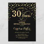 Convite Partido aniversário de 30 anos Surpresa - Preto Do<br><div class="desc">Convite de festas de aniversário de 30 anos surpresa. Design elegante em ouro preto e brilhante. Apresenta a fonte do script e os diamantes confetti. Saúde para 30 anos! Envie-me uma mensagem se precisar de mais personalização.</div>