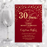 Convite Partido aniversário de 30 anos Surpresa - Vermelho<br><div class="desc">Convite de festas de aniversário de 30 anos surpresa. Design elegante em vermelho escuro e ouro brilhante falso. Apresenta a fonte do script e os diamantes confetti. Saúde para 30 anos! Envie-me uma mensagem se precisar de mais personalização.</div>