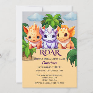 Convite Partido aniversário de 3 anos Dinossauro Dino Bash