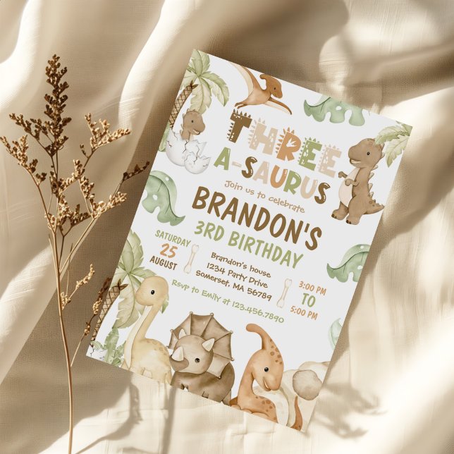 Convite Partido aniversário de 3 anos Dinossauro Três-A-Sa (Criador carregado)