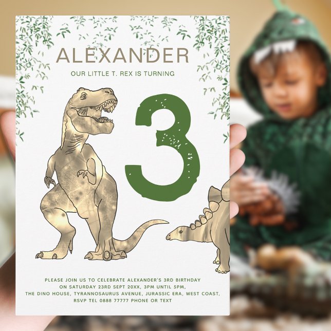 Convite Partido aniversário de 3 anos do Dinossauro T-Rex (Boy’s Dinosaur party invitation with T-Rex and stegosaurus jungle dino & modern green typography )