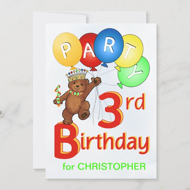 Convite Partido aniversário de 3 anos do Royal Teddy Bear (Frente)