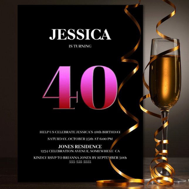 Convite Partido aniversário de 40 anos a preto e rosa mini (Criador carregado)