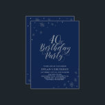 Convite Partido aniversário de 40 anos Azul Moderno Marinh<br><div class="desc">Vamos comemora seu dia especial com este convite de festas de prata na moda. Este design apresenta a tipografia de prata-chic "aniversário de 40 anos Party" com gráficos brilhantes. A cor de fundo está definida como marinho azul, mas sinta-se livre para mudá-la para corresponder ao seu tema de festa. Mais...</div>