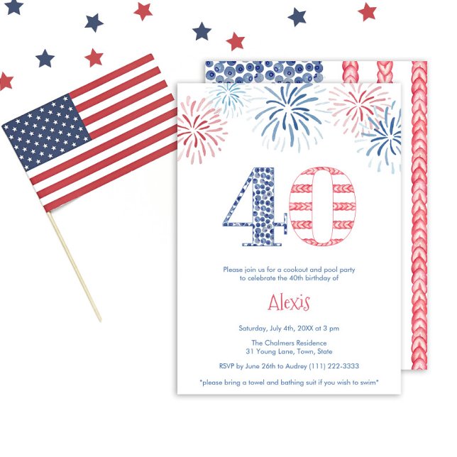 Convite Partido aniversário de 40 anos Azul Vermelho Azul  (A fun red white and blue 40th birthday party invitation with the number 40 in the stars and stripes)