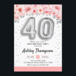 Convite Partido aniversário de 40 anos - Balões Prateados<br><div class="desc">convite de festas aniversário de 40 anos. Design elegante em prata brilhante com sotaque floral. Convide cartão com balões prateados número 40,  fonte de script com confetti. Coral cor-de-rosa,  branco. Perfeito para uma comemoração de na moda 40 dias. Envie-me uma mensagem se precisar de idade personalizada.</div>