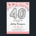Convite Partido aniversário de 40 anos - Balões Prateados<br><div class="desc">convite de festas aniversário de 40 anos. Design elegante em prata brilhante com sotaque floral. Convide cartão com balões prateados número 40,  fonte de script com confetti. Coral cor-de-rosa,  branco. Perfeito para uma comemoração de na moda 40 dias. Envie-me uma mensagem se precisar de idade personalizada.</div>