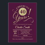 Convite Partido aniversário de 40 anos - Burgundy Dourado<br><div class="desc">aniversário de 40 anos Convite de festas em marrom escuro e burlando com padrão de ouro brilhante. Apresenta a fonte do script de tipografia de tendência. Simples design moderno, perfeito para uma festa elegante. Saúde para 40 anos! Pode ser personalizado em qualquer idade! Envie-me uma mensagem se precisar de mais...</div>