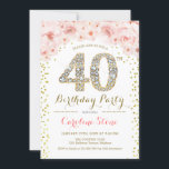 Convite Partido aniversário de 40 anos - Cor-de-rosa Doura<br><div class="desc">Convite de festas aniversário de 40 anos. Design elegante em ouro brilhante,  cor-de-rosa e branco. Na moda floral com diamantes e rosas. Perfeito para uma festa de glam das mulheres. Impressos convites Zazzle ou download instantâneo de modelo digital.</div>