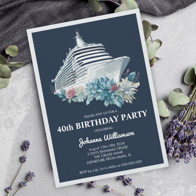 Convite Partido aniversário de 40 anos das Mulheres de Cru (Elegant Cruise Ship Trip Women 40th Birthday Party Invitation
)