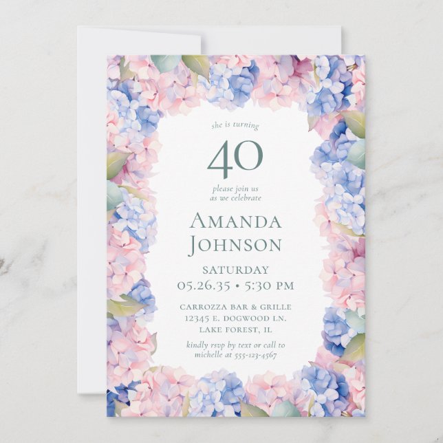 Convite Partido aniversário de 40 anos de Hydrangeas (Frente)