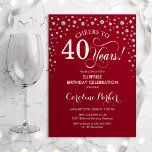 Convite Partido aniversário de 40 anos de Surpresa - Red S<br><div class="desc">Convite de festas de aniversário de 40 anos surpresa. Design elegante em vermelho escuro e prata brilhante fraca. Apresenta a fonte do script e os diamantes confetti. Saúde para 40 anos! Envie-me uma mensagem se precisar de mais personalização.</div>