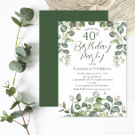Convite Partido aniversário de 40 anos do Eucalyptus em Fl<br><div class="desc">Bela floresta neutra do gênero e design de "Partido aniversário de 40 anos" de eucalipto com sementes verdes. Tons limpos e enganadoramente simples no design de tom em um fundo branco nítido. A parte de trás apresenta uma simples cor verde-sólida da floresta.</div>