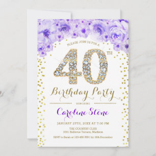 Convite Partido aniversário de 40 anos - Dourado Roxo Bran