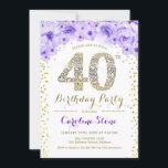 Convite Partido aniversário de 40 anos - Dourado Roxo Bran<br><div class="desc">design Elegante do Convite de festas aniversário de 40 anos em ouro brilhante falso,  roxo e branco. Na moda floral com diamantes e rosas. Perfeito para uma comemoração de vidro. Envie-me uma mensagem se precisar de mais personalização.</div>