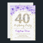 Convite Partido aniversário de 40 anos - Dourado Roxo Bran<br><div class="desc">design Elegante do Convite de festas aniversário de 40 anos em ouro brilhante falso,  roxo e branco. Na moda floral com diamantes e rosas. Perfeito para uma comemoração de vidro. Envie-me uma mensagem se precisar de mais personalização.</div>
